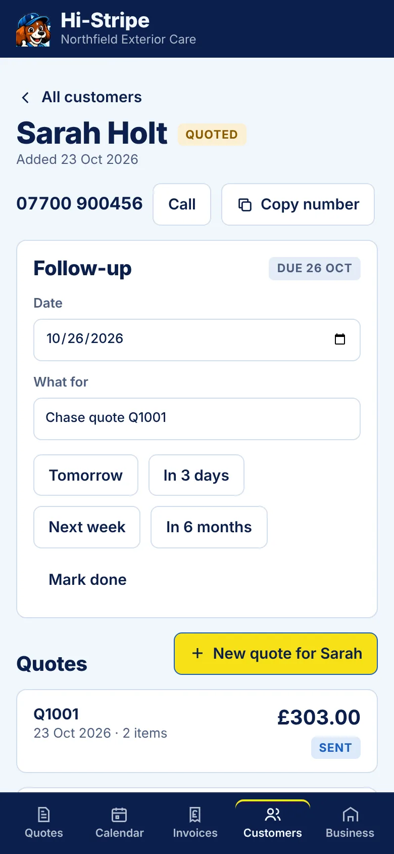 Customer record with phone number, a follow-up due date for chasing the quote, and their quotes