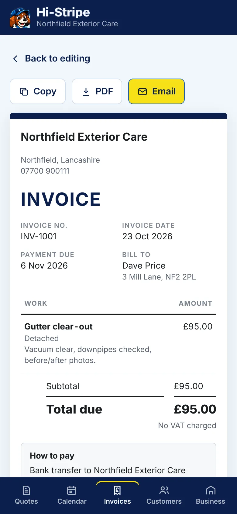 An invoice with business details, invoice number, payment due date, itemised work, total due and bank details